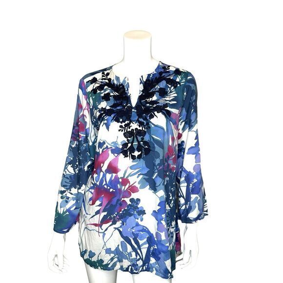 CHICO'S Size 1 US M Floral 100% Modal Black Crochet Lace Trim Boho Tunic‎ Top - Picture 1 of 9